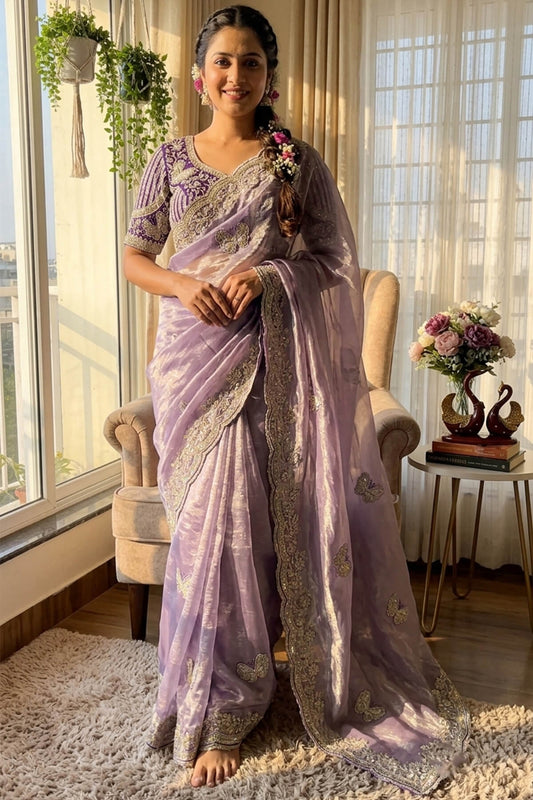 Ineffable Lavender Fandy Silk Embroidery Work Saree With Full Stitched Blouse