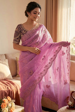 Woebegone Pink Fandy Silk Embroidery Work Saree With Full Stitched Blouse