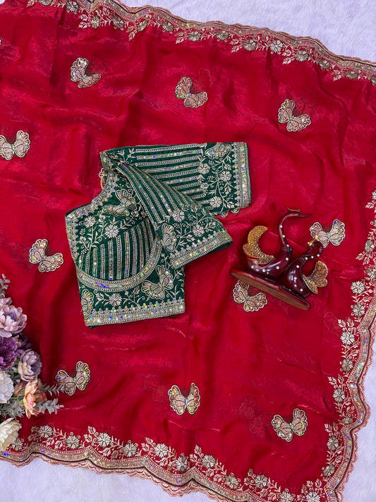 Sophisticated Red Fandy Silk Embroidery Work Saree With Full Stitched Blouse