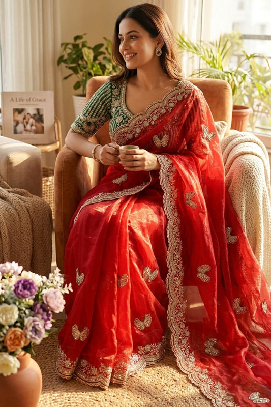 Sophisticated Red Fandy Silk Embroidery Work Saree With Full Stitched Blouse