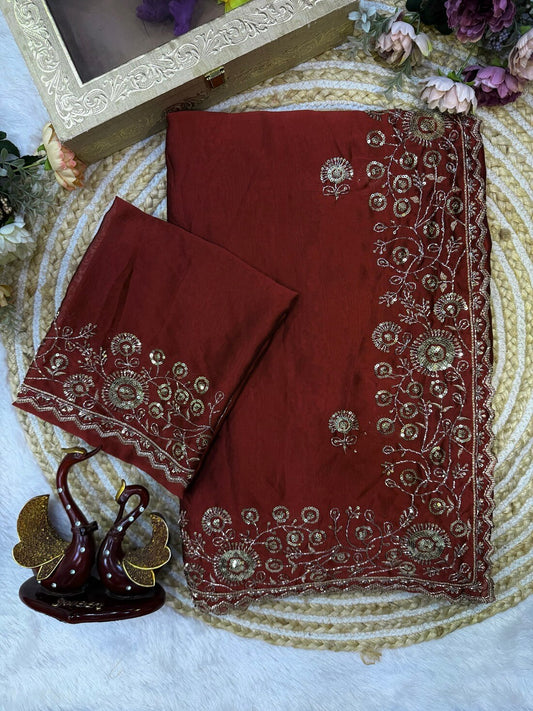Smart Maroon Rangoli Silk Sequence Embroidery Work Saree