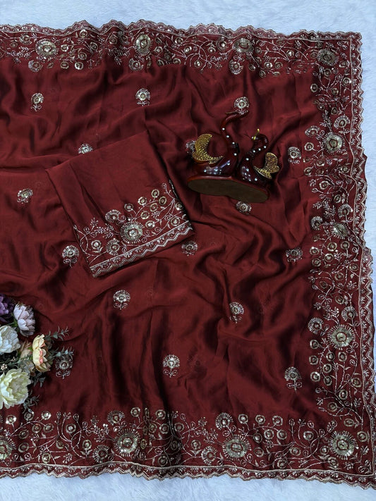 Smart Maroon Rangoli Silk Sequence Embroidery Work Saree