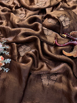Magnetic Brown Fandy Silk Embroidery Work Saree