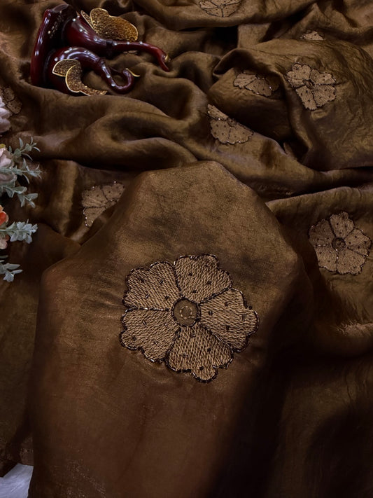 Magnetic Brown Fandy Silk Embroidery Work Saree