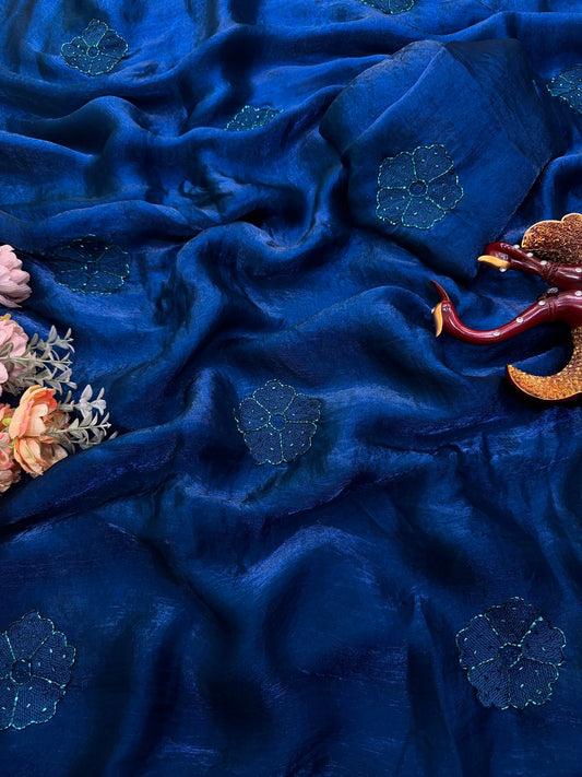 Surreptitious Navy Blue Fandy Silk Embroidery Work Saree