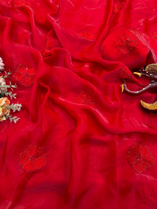 Majesty Red Fandy Silk Embroidery Work Saree