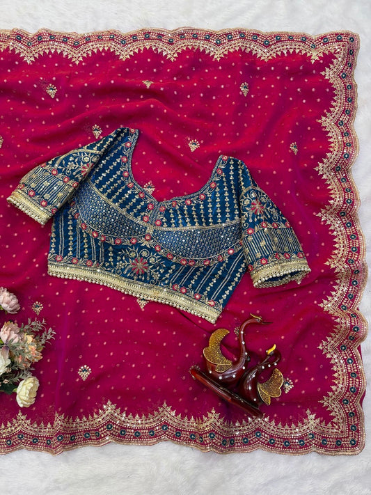 Resplendent Dark Pink Nylon Silk Sequence Embroidery Work Saree With Stitched Blouse
