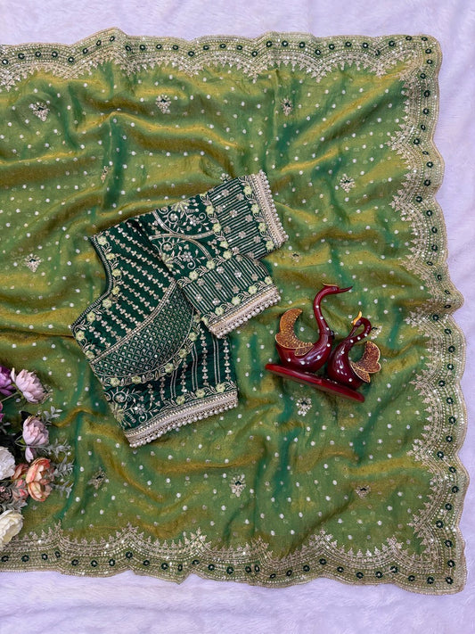 Splendorous Green Nylon Silk Sequence Embroidery Work Saree With Stitched Blouse