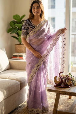 Ephemeral Lavender Nylon Silk Sequence Embroidery Work Saree With Stitched Blouse