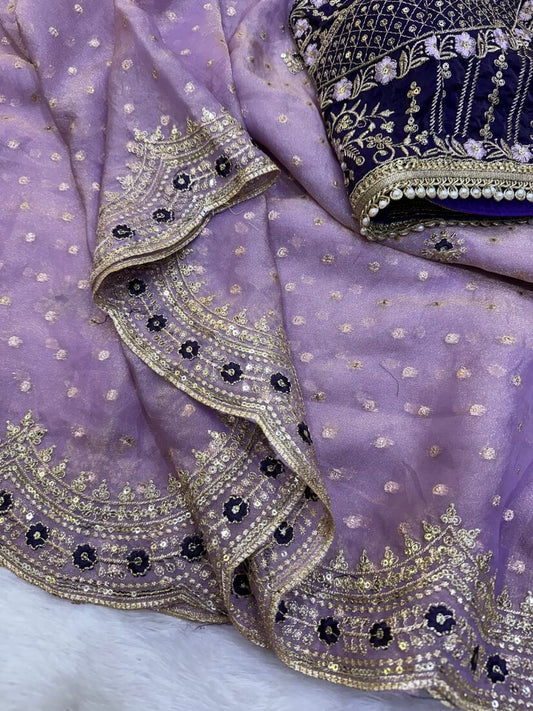 Ephemeral Lavender Nylon Silk Sequence Embroidery Work Saree With Stitched Blouse