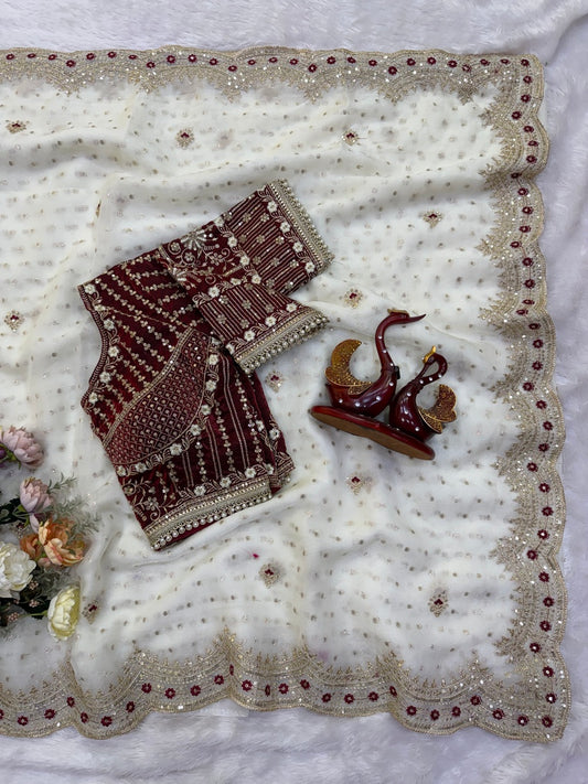 Fragrant Off White Nylon Silk Sequence Embroidery Work Saree With Stitched Blouse