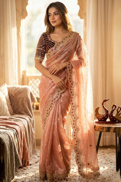 Super classy Peach Nylon Silk Sequence Embroidery Work Saree With Stitched Blouse
