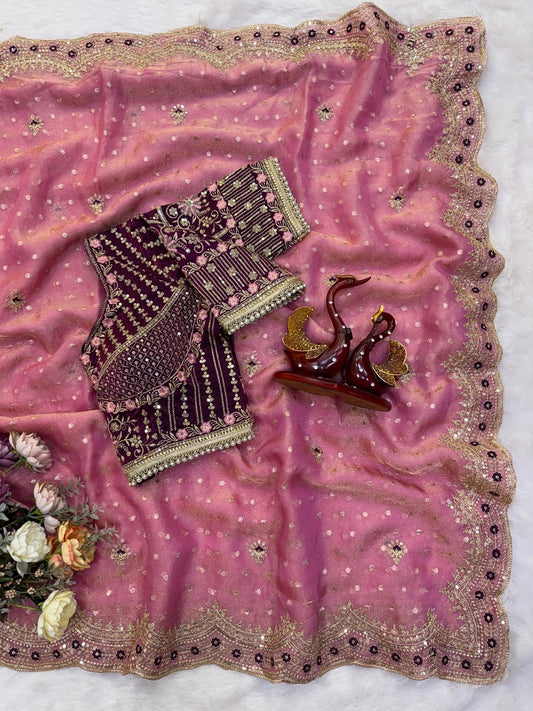 Bucolic Pink Nylon Silk Sequence Embroidery Work Saree With Stitched Blouse