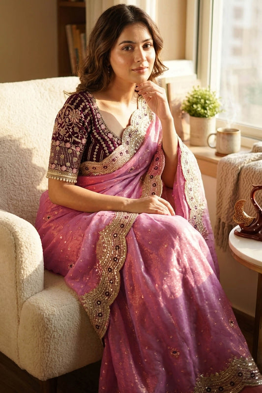 Bucolic Pink Nylon Silk Sequence Embroidery Work Saree With Stitched Blouse