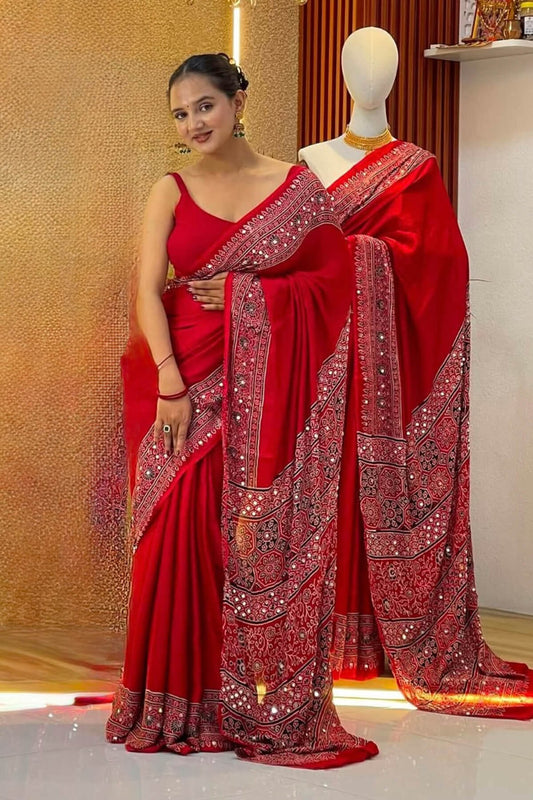 Moiety Red Crape Silk Ajrakh Printed Mirror Work Saree