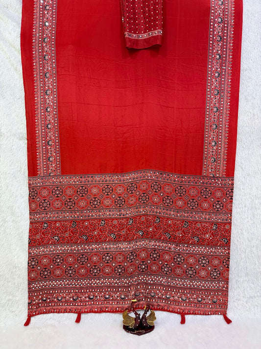 Moiety Red Crape Silk Ajrakh Printed Mirror Work Saree