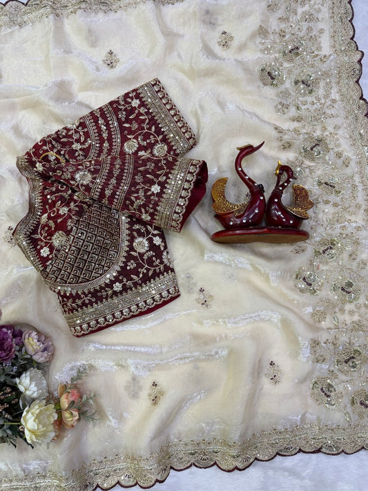 Enthralling Beige Fandy Silk Embroidery Work Saree With Full Stitched Blouse