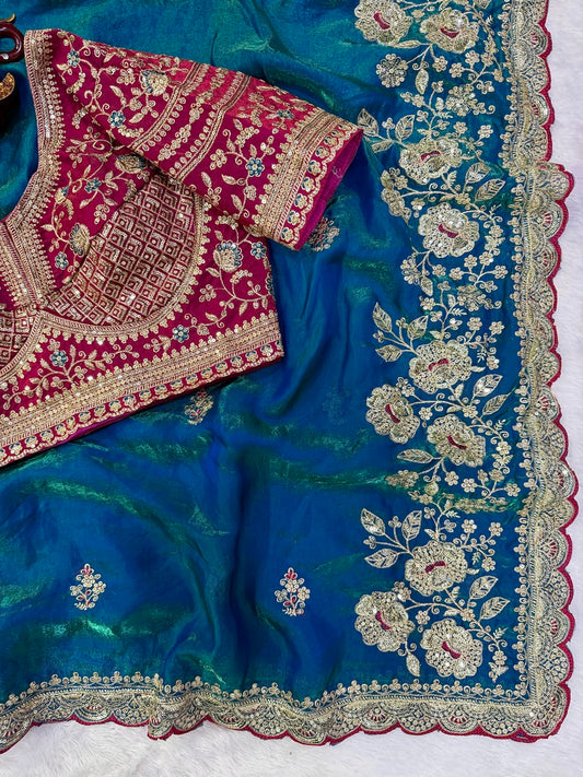 Glowing Blue Fandy Silk Embroidery Work Saree With Full Stitched Blouse