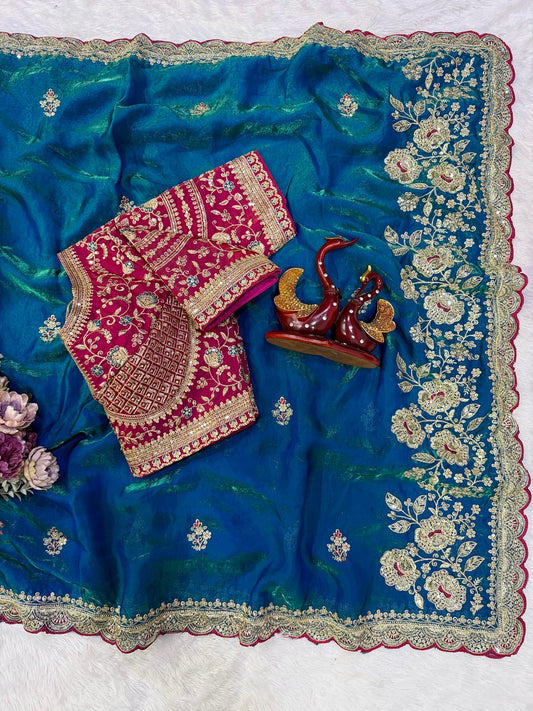 Glowing Blue Fandy Silk Embroidery Work Saree With Full Stitched Blouse