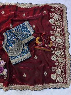 Radiant Maroon Fandy Silk Embroidery Work Saree With Full Stitched Blouse