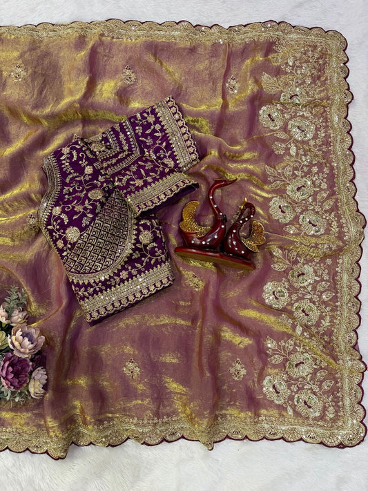 Engrossing Pink Fandy Silk Embroidery Work Saree With Full Stitched Blouse
