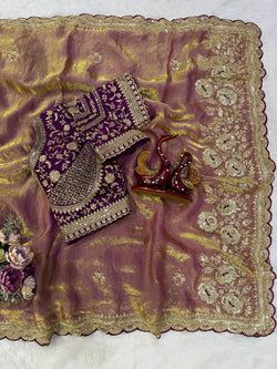 Engrossing Pink Fandy Silk Embroidery Work Saree With Full Stitched Blouse