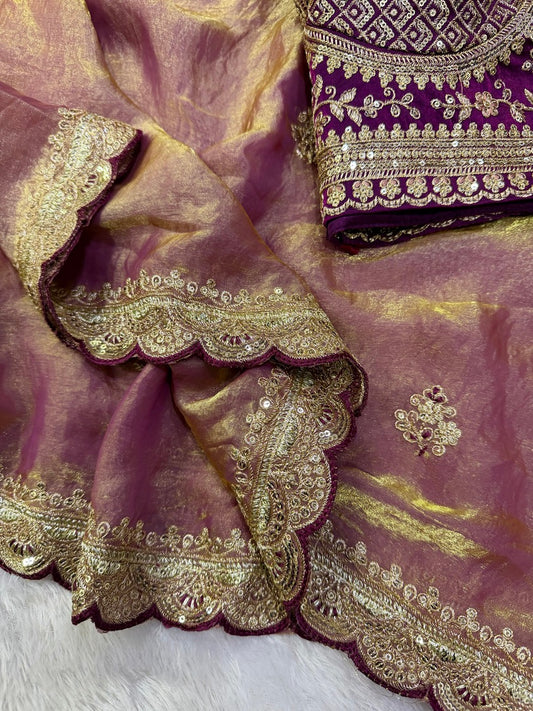 Engrossing Pink Fandy Silk Embroidery Work Saree With Full Stitched Blouse