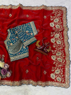 Verdant Red Fandy Silk Embroidery Work Saree With Full Stitched Blouse