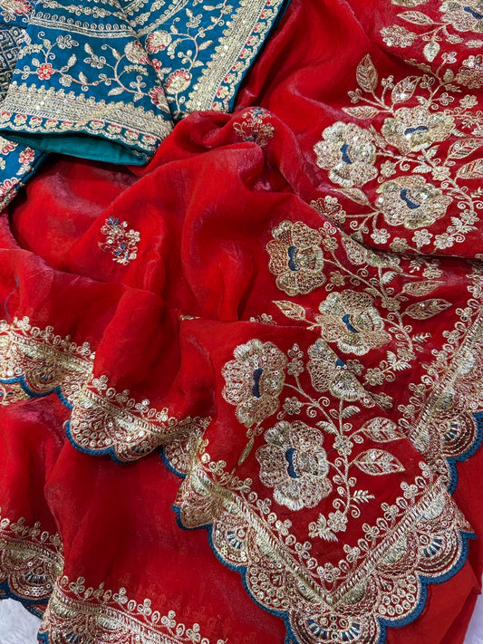 Verdant Red Fandy Silk Embroidery Work Saree With Full Stitched Blouse