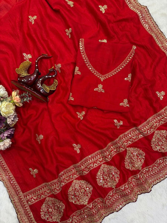 Aplomb Red Vichitra Silk Sequence Embroidery Work Saree