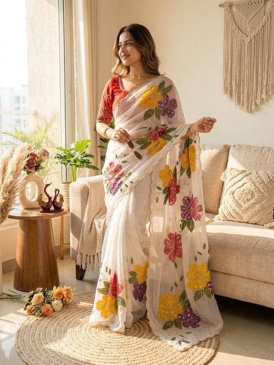 Arresting Off White Organza Silk Printed Sequence Embroidery Work Saree