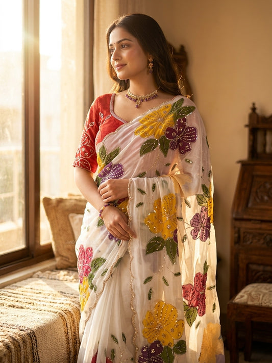 Arresting Off White Organza Silk Printed Sequence Embroidery Work Saree