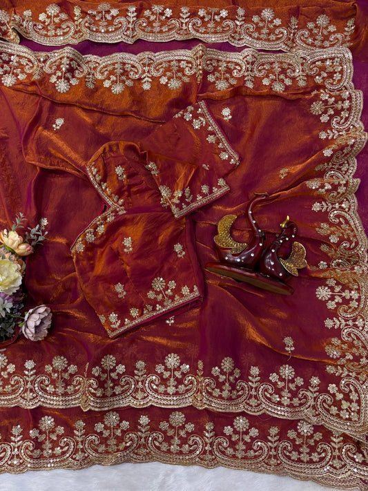 Bucolic Brown Fandy Silk Embroidery Work Saree With Full Stitched Blouse