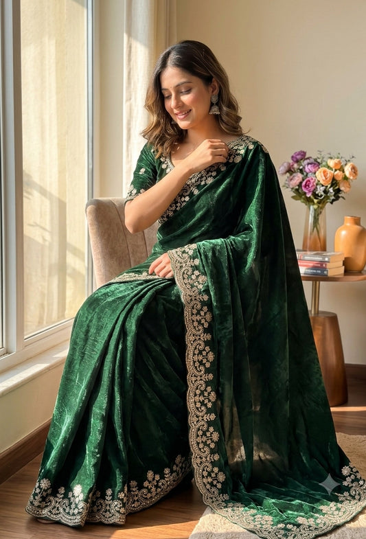 Enticing Dark Green Fandy Silk Embroidery Work Saree With Full Stitched Blouse
