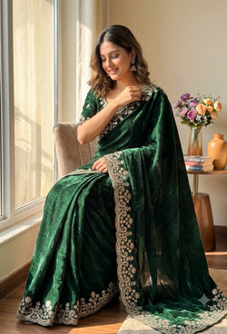 Enticing Dark Green Fandy Silk Embroidery Work Saree With Full Stitched Blouse