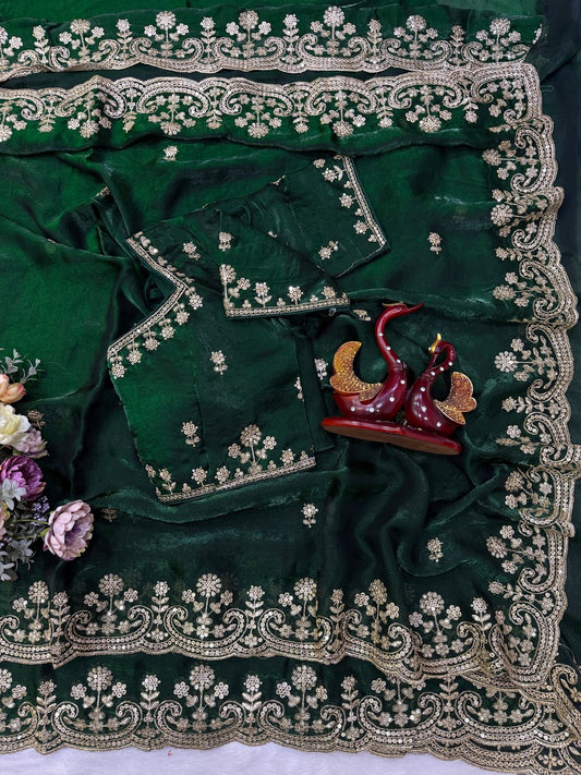 Enticing Dark Green Fandy Silk Embroidery Work Saree With Full Stitched Blouse
