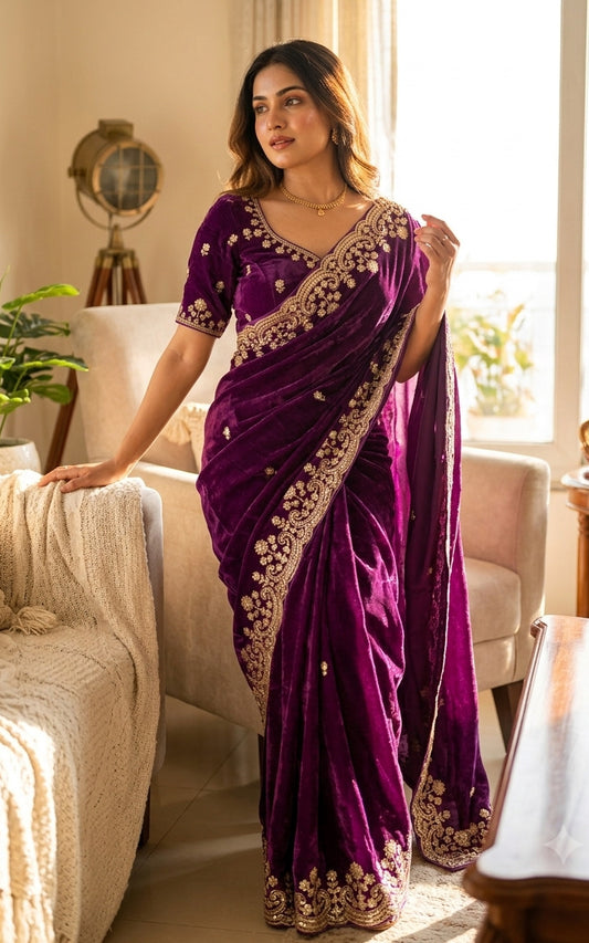 Surpassing Purple Fandy Silk Embroidery Work Saree With Full Stitched Blouse