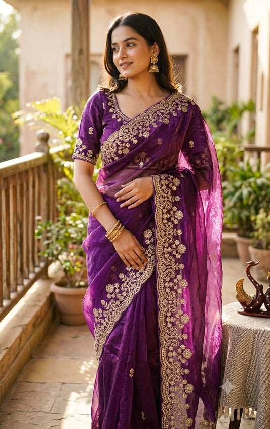 Surpassing Purple Fandy Silk Embroidery Work Saree With Full Stitched Blouse