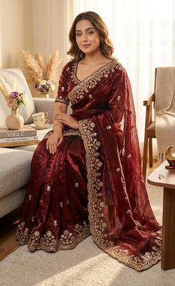 Transcendent Wine Fandy Silk Embroidery Work Saree With Full Stitched Blouse