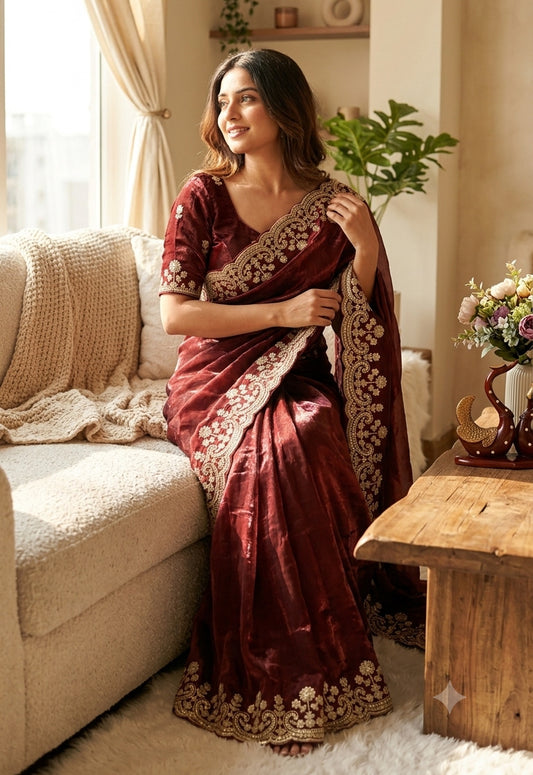 Transcendent Wine Fandy Silk Embroidery Work Saree With Full Stitched Blouse