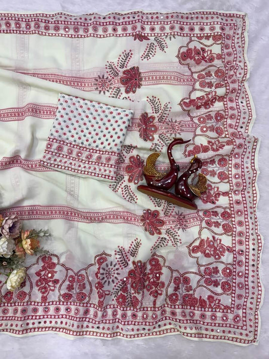 Glorious Off White Georgette Silk Printed Embroidery Mirror Work Saree