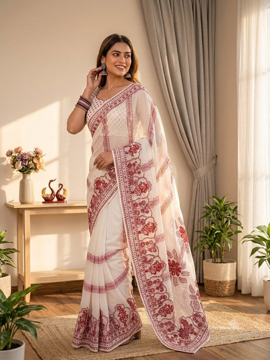 Glorious Off White Georgette Silk Printed Embroidery Mirror Work Saree