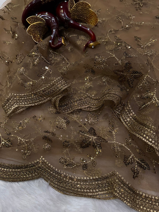 Staggering Brown Twill Net Sequence Embroidery Work Saree