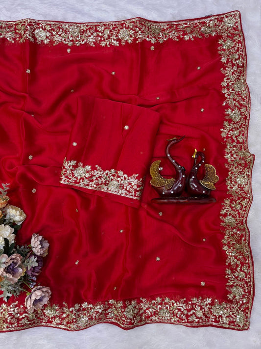 Imaginative Red Rangoli Silk Sequence Embroidery Work Saree