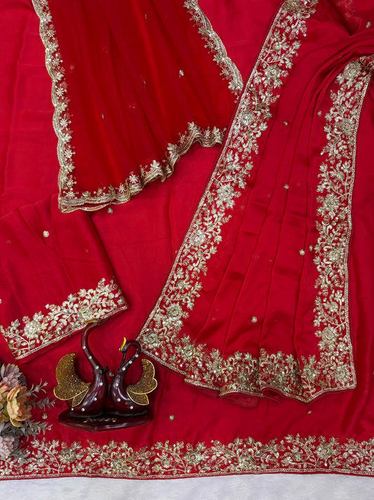 Imaginative Red Rangoli Silk Sequence Embroidery Work Saree