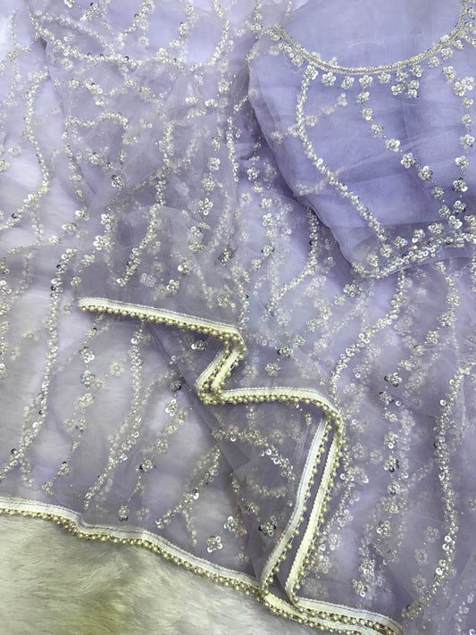 Rhapsodic Lavender Soft Net Sequence Embroidery Work Saree
