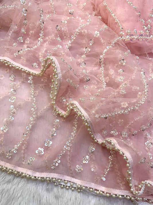 Prettiest Pink Soft Net Sequence Embroidery Work Saree