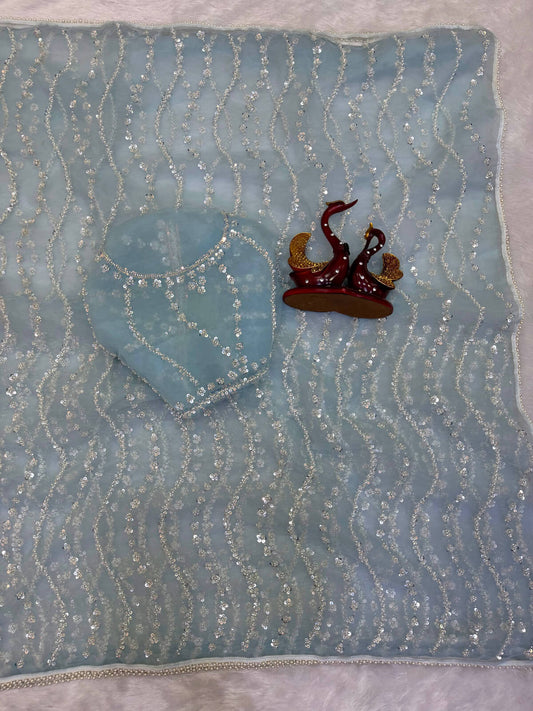 Ineffable Sky Soft Net Sequence Embroidery Work Saree
