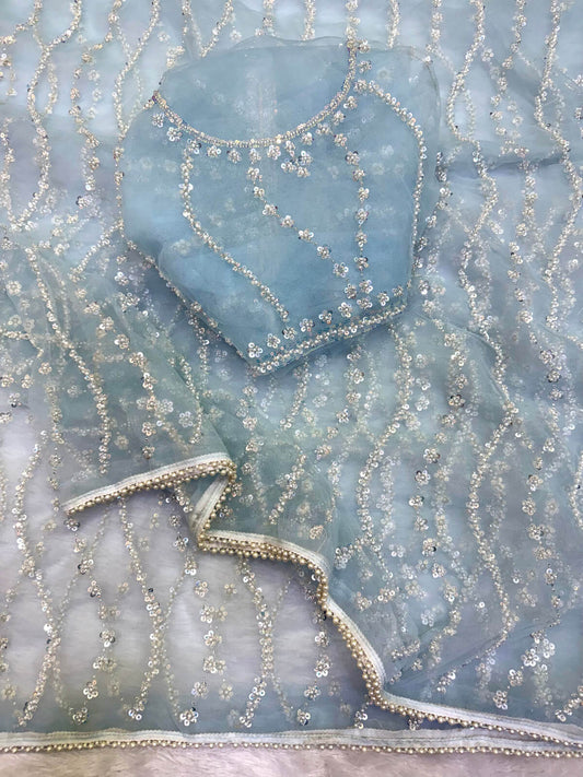 Ineffable Sky Soft Net Sequence Embroidery Work Saree