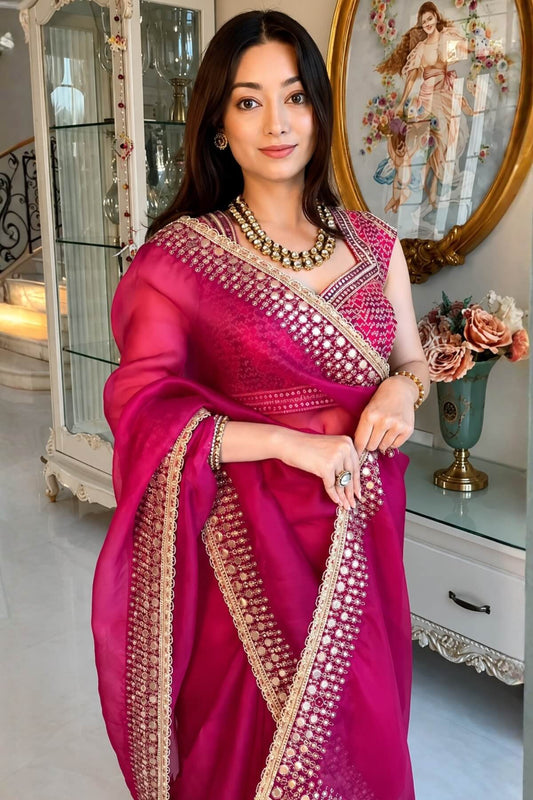 Classic Dark Pink Jimmy Choo Sequence Embroidery Work Saree